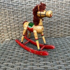 VINTAGE Wooden Rocking Horse Pony Yarn Mane Christmas Decor Handcrafted